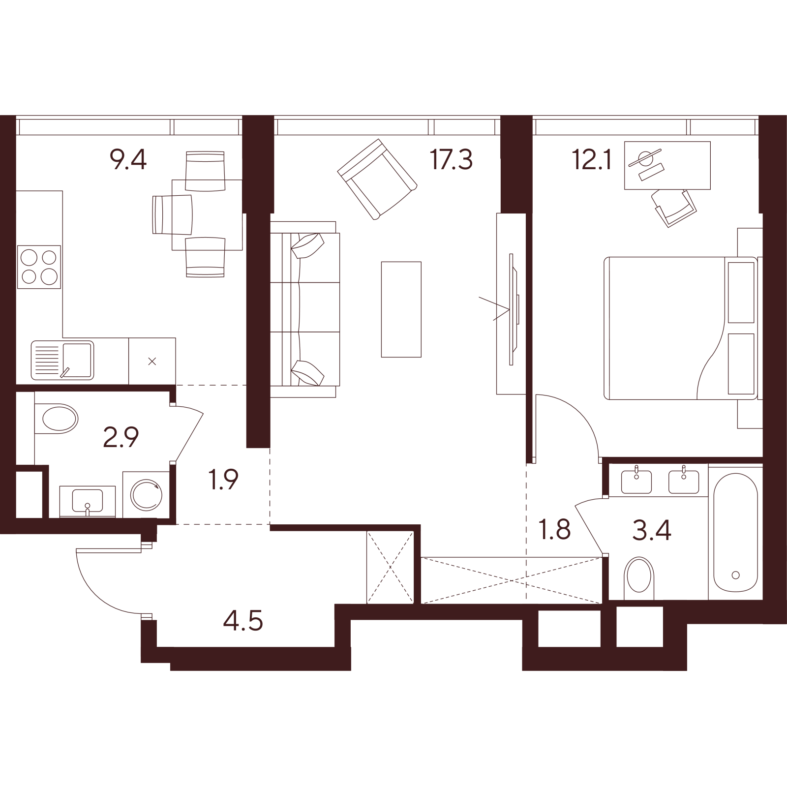 Планировка: 2-комнатная квартира, 53,3 м²