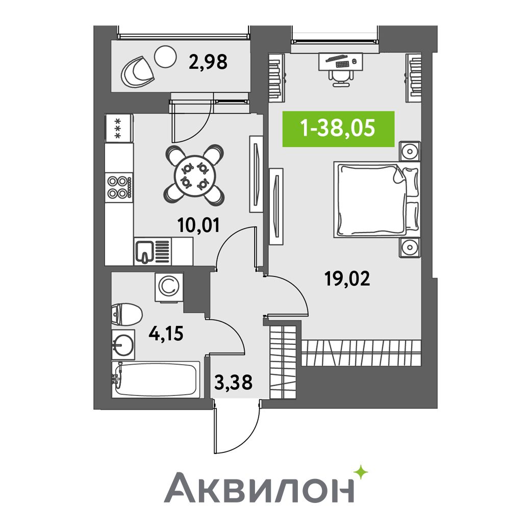 Планировка: 1-комнатная квартира, 39,1 м²