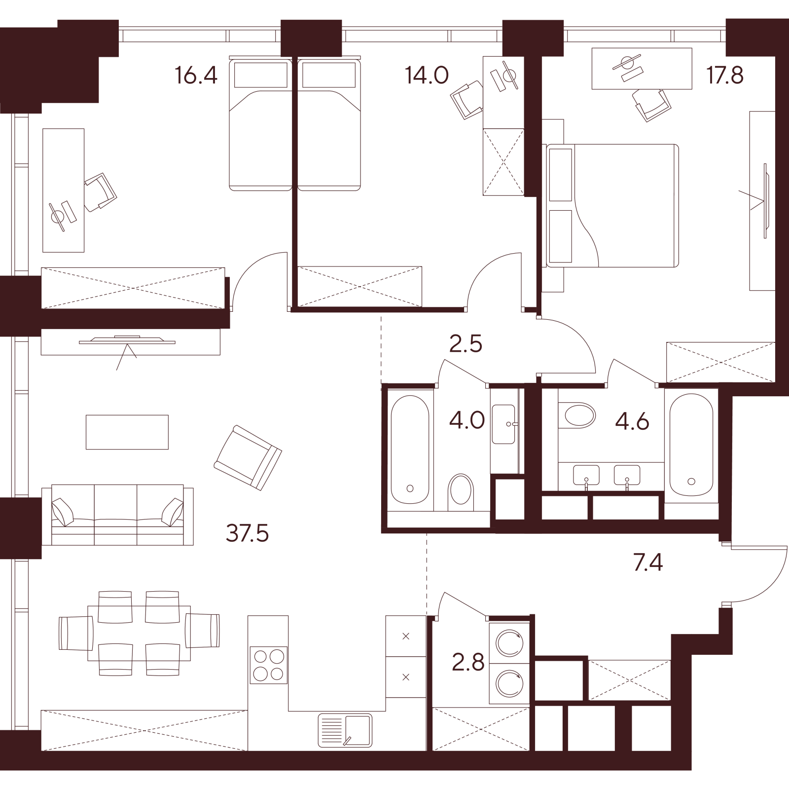 Планировка: 4-комнатная квартира, 107,0 м²