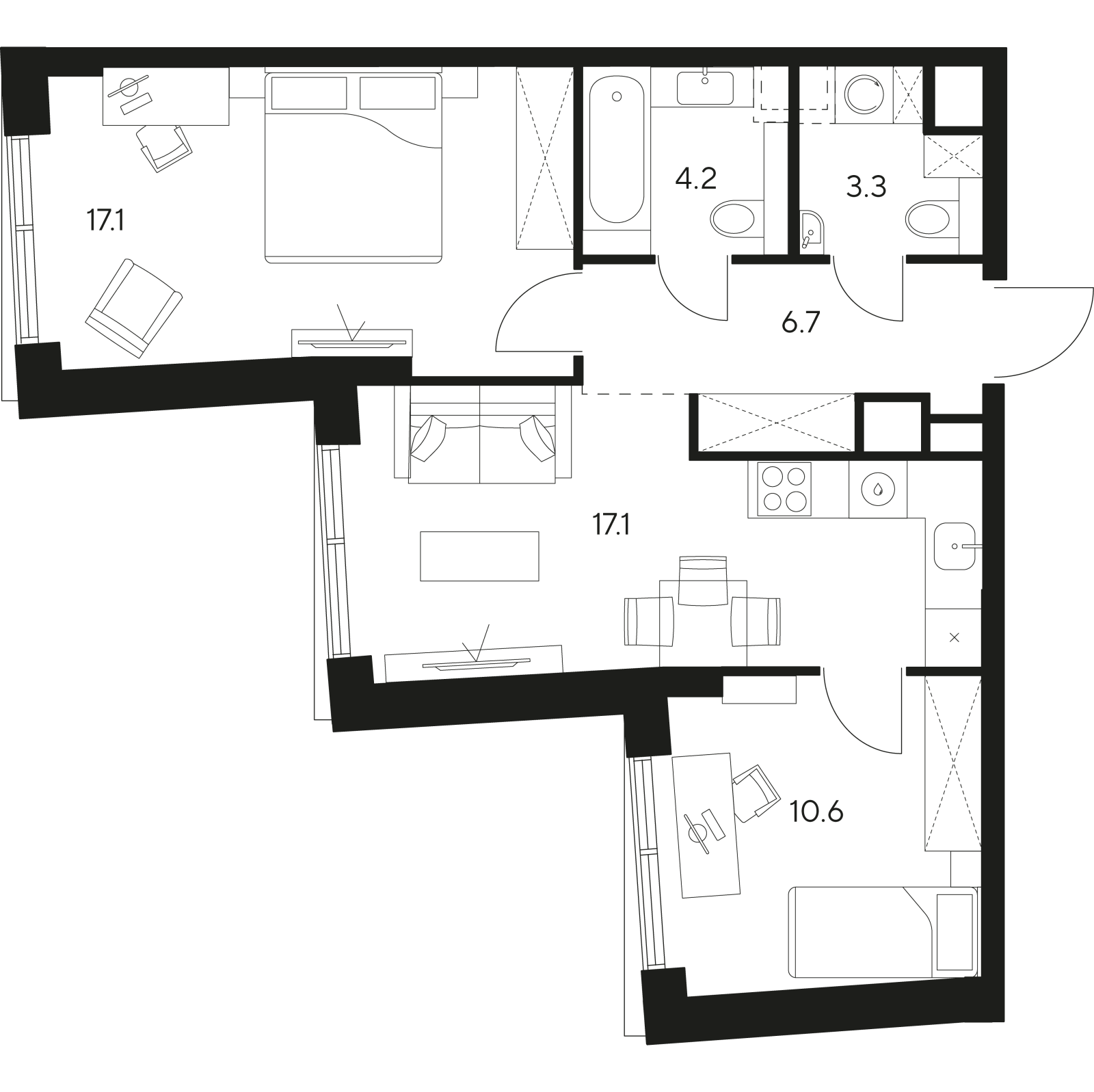 Планировка: 3-комнатная квартира, 59,0 м²