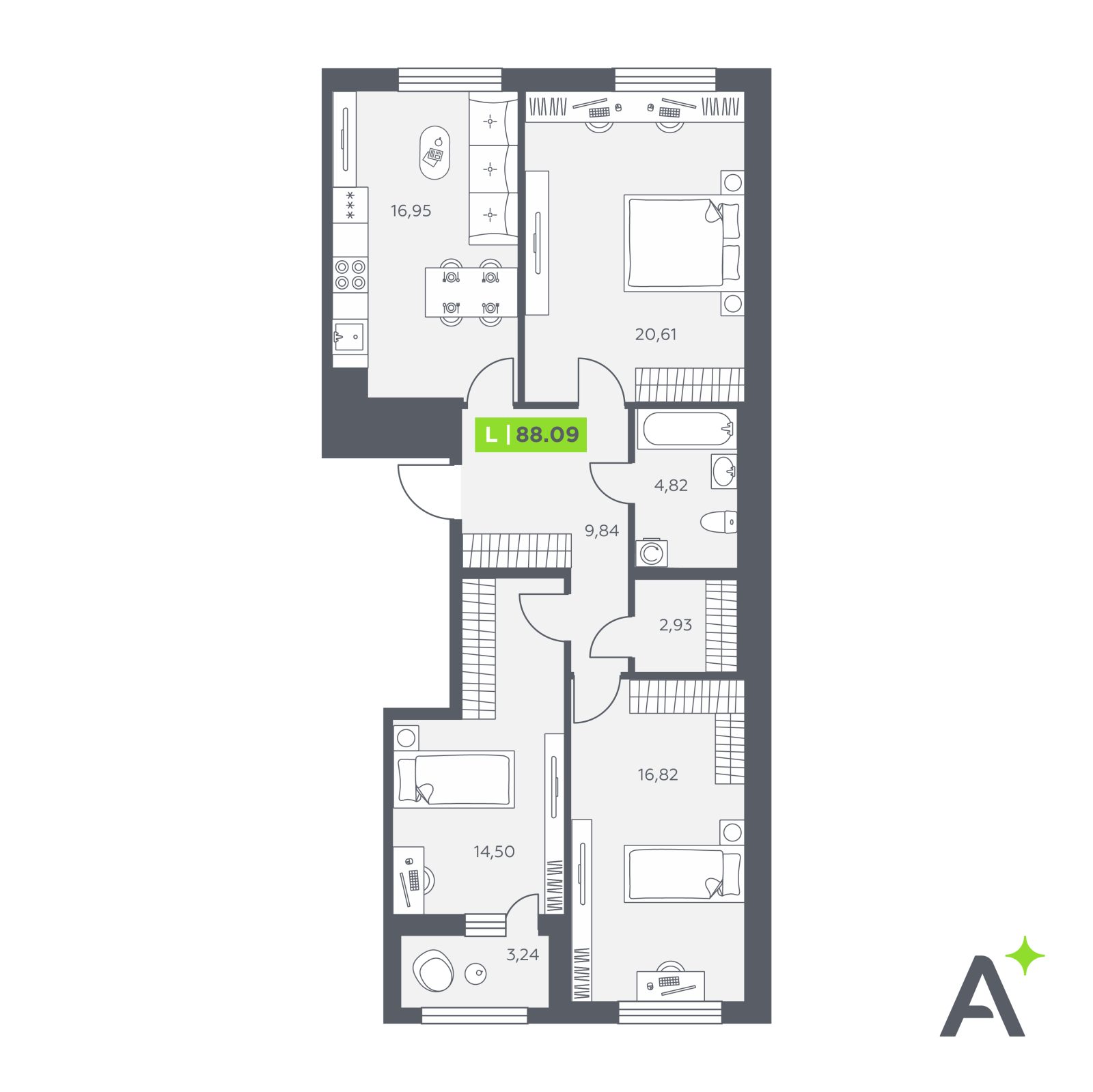 Планировка: 4-комнатная квартира, 88,1 м²