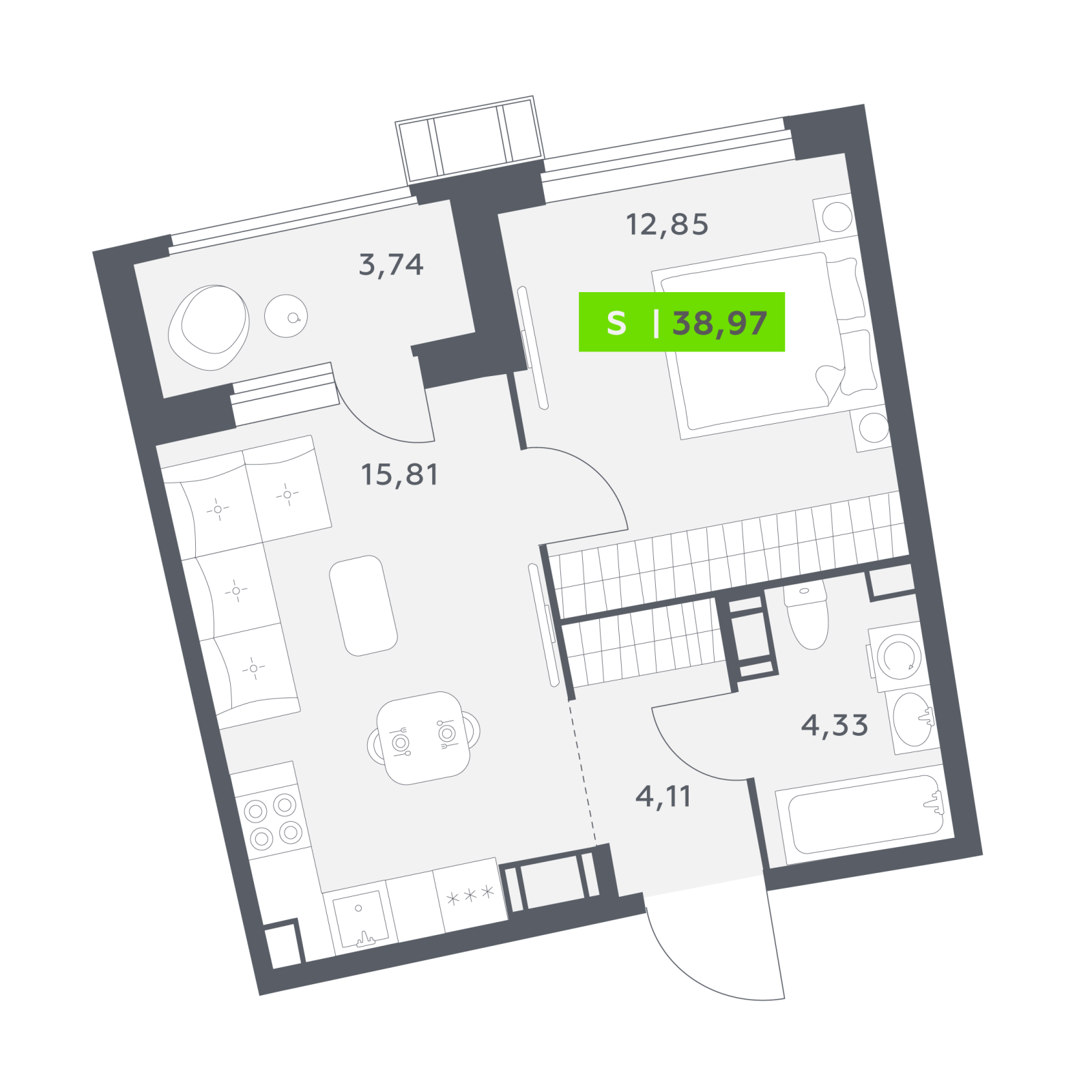 Планировка: 2-комнатная квартира, 39,0 м²