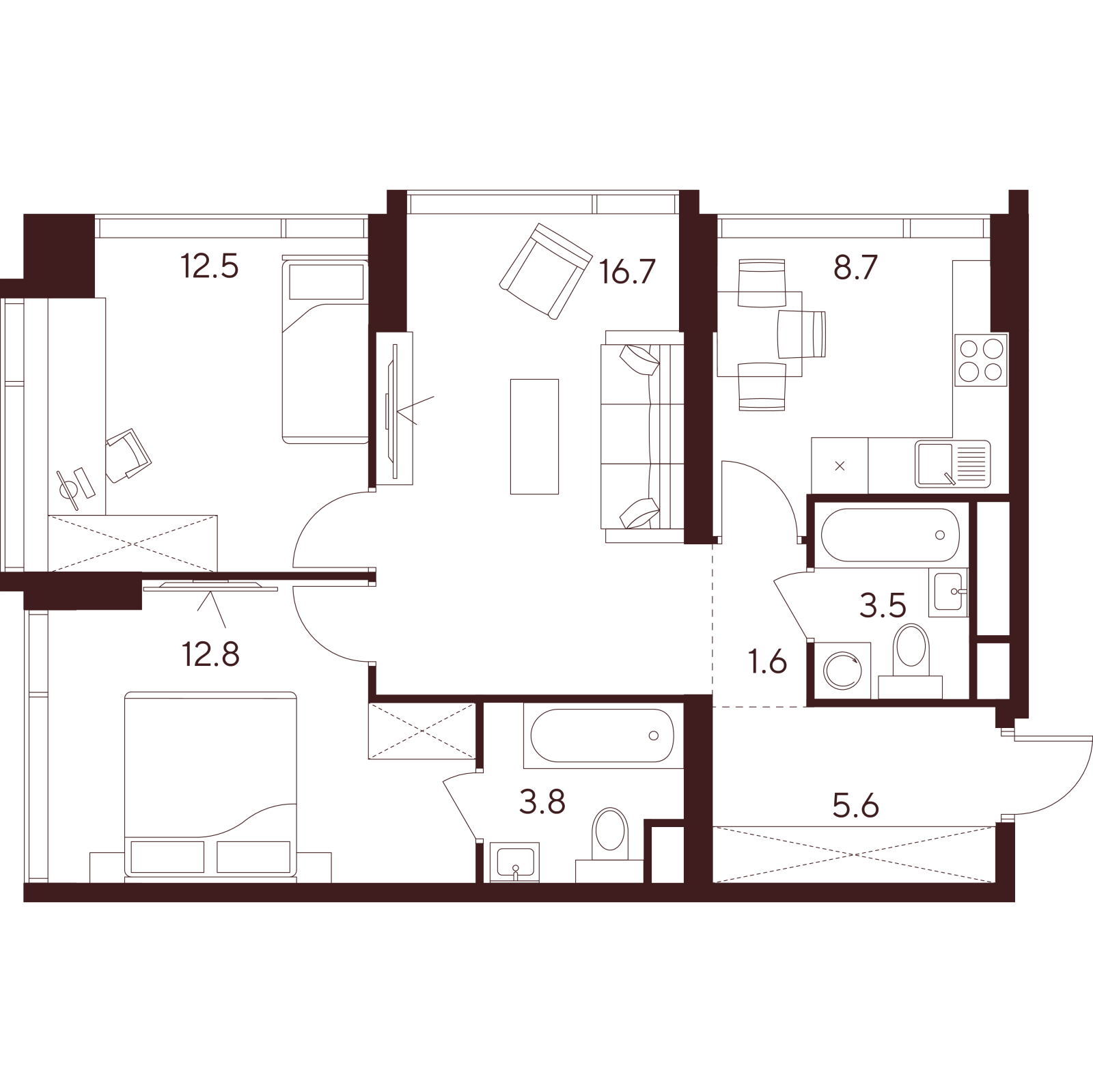Планировка: 3-комнатная квартира, 65,2 м²