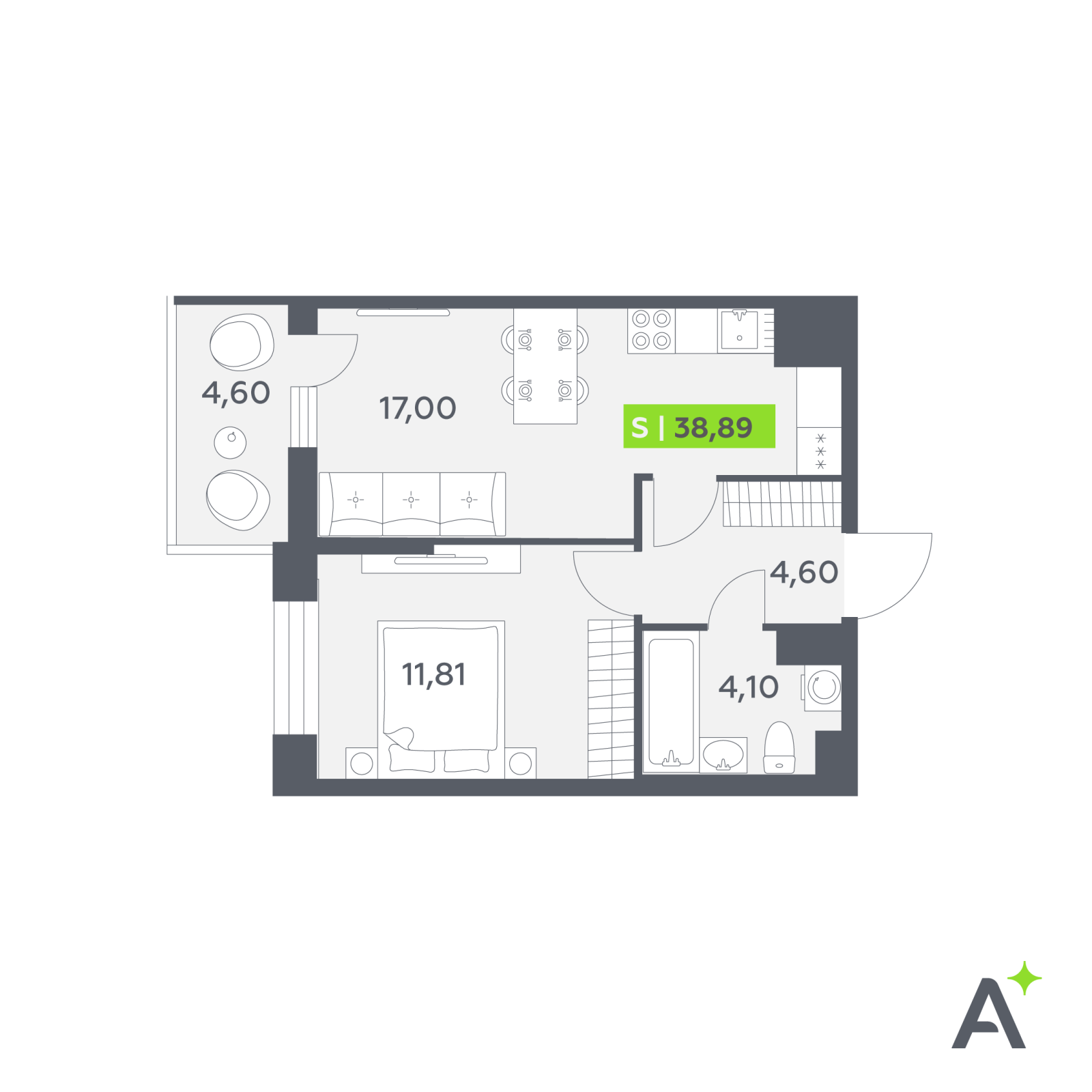 Планировка: 2-комнатная квартира, 38,9 м²