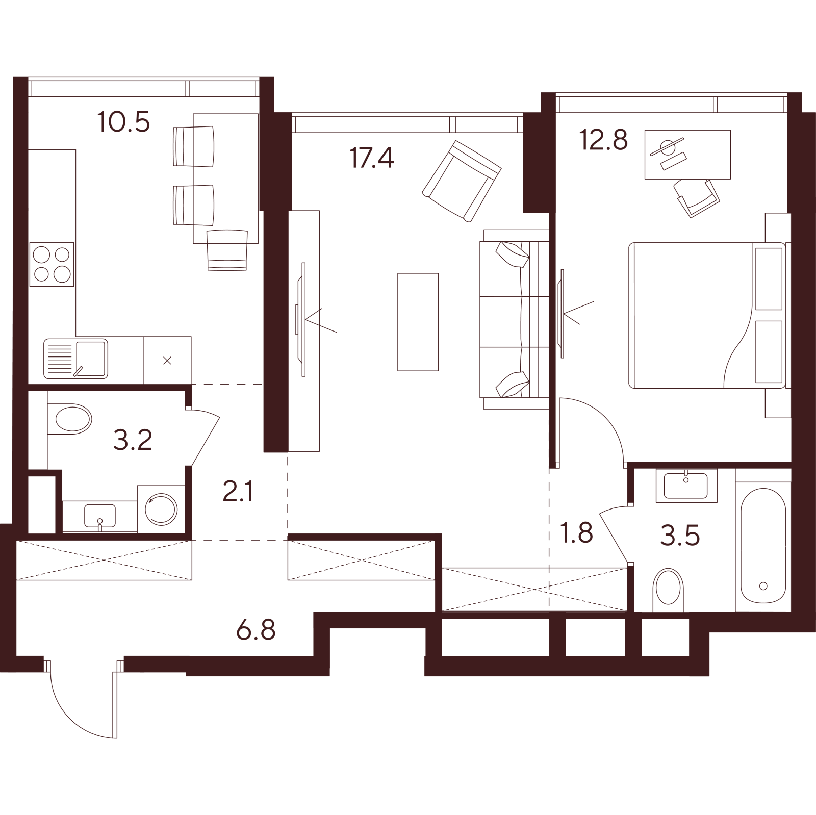 Планировка: 2-комнатная квартира, 58,1 м²