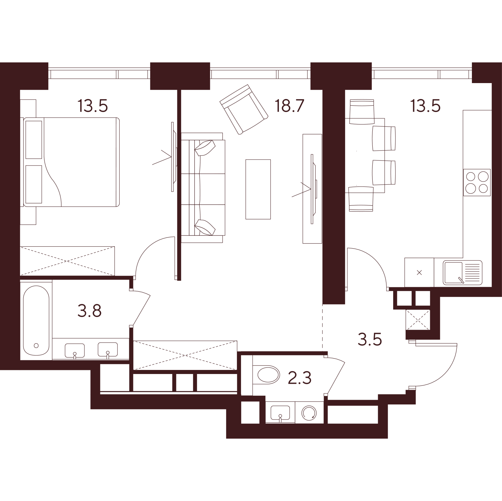 Планировка: 2-комнатная квартира, 55,3 м²