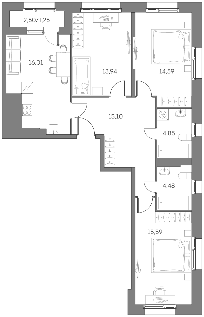 Планировка: 4-комнатная квартира, 85,8 м²