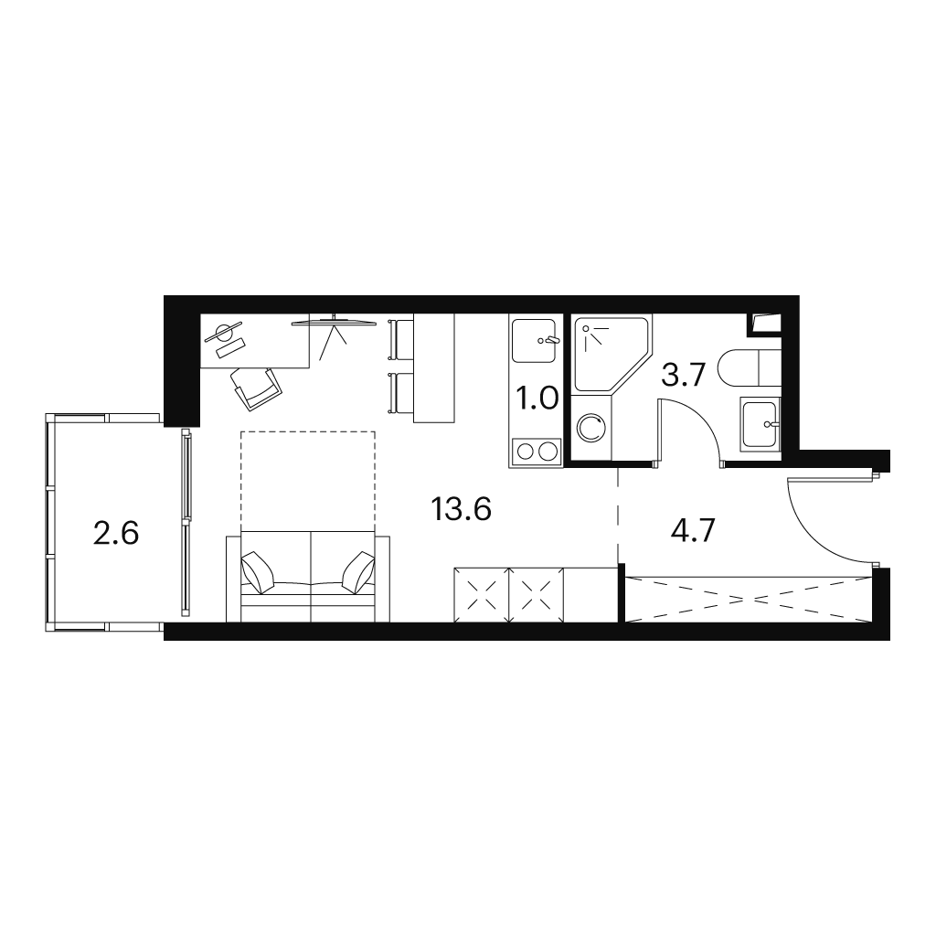 Планировка: студия, 25,6 м²
