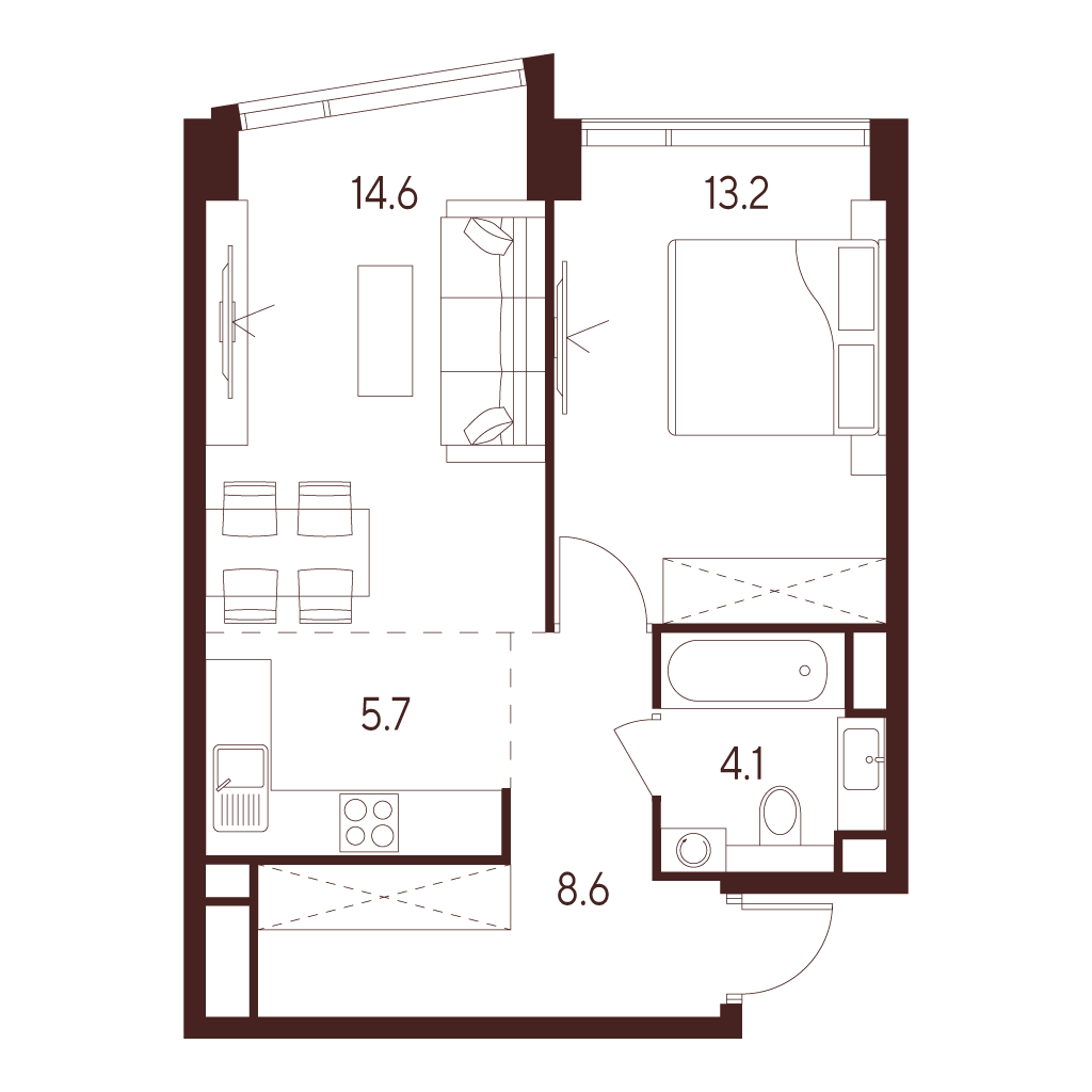 Планировка: 2-комнатная квартира, 46,2 м²
