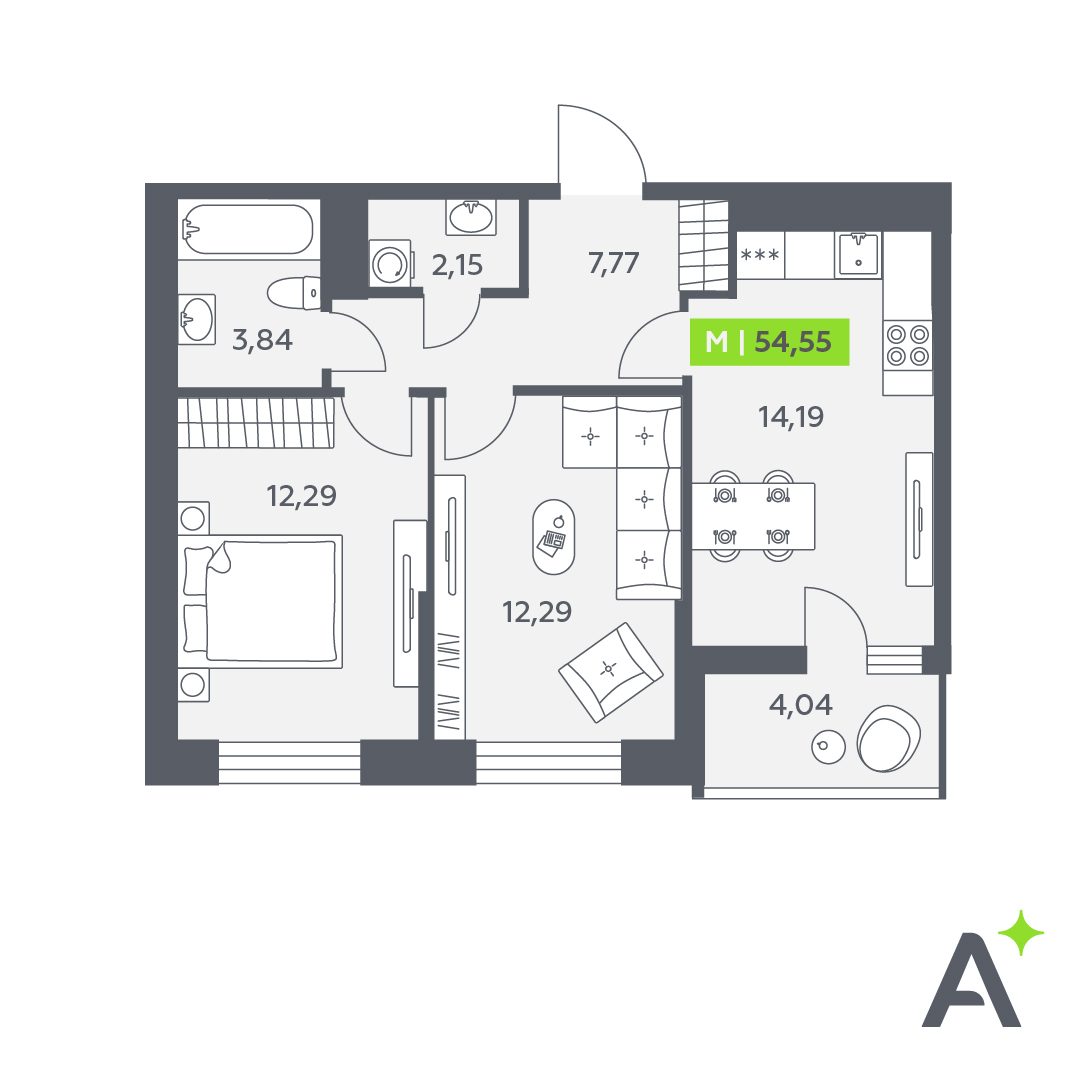 Планировка: 3-комнатная квартира, 54,6 м²