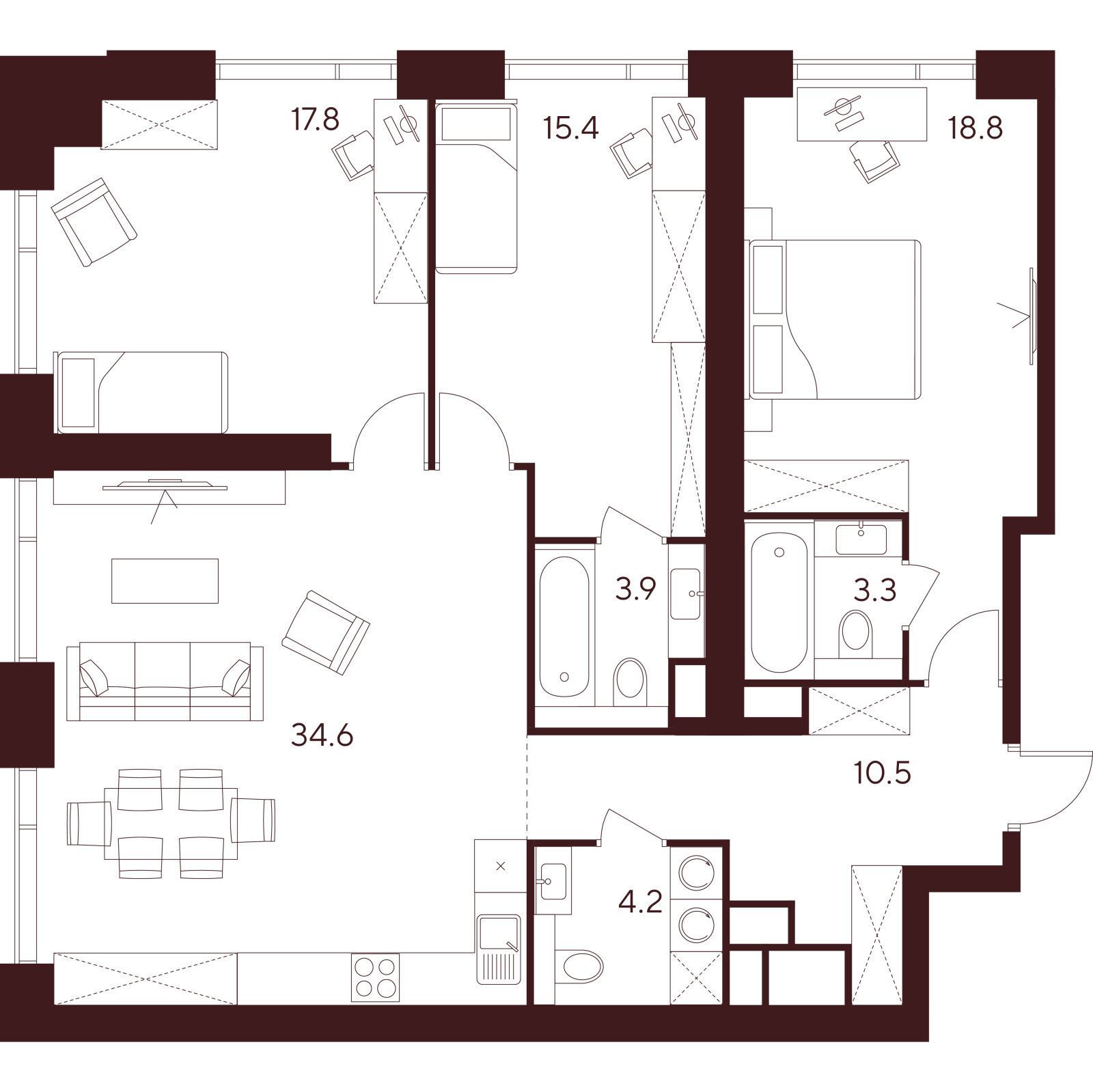 Планировка: 4-комнатная квартира, 108,5 м²
