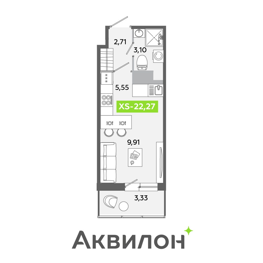 Планировка: студия, 22,3 м²