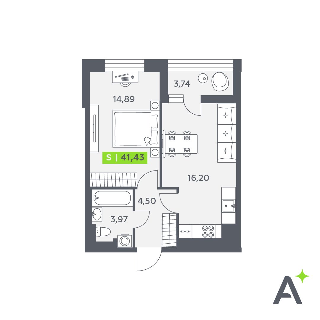 Планировка: 2-комнатная квартира, 41,4 м²
