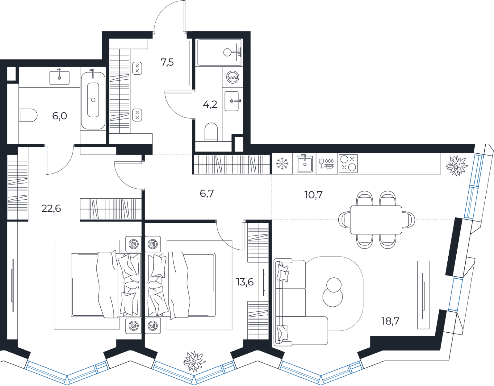 Планировка: 2-комнатная квартира, 90,0 м²