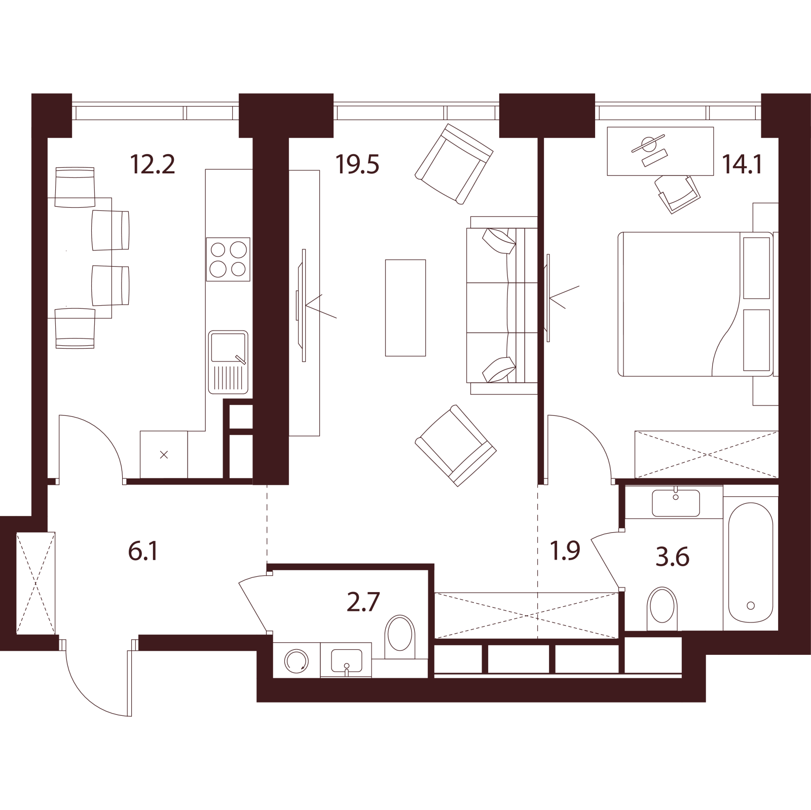 Планировка: 2-комнатная квартира, 60,1 м²