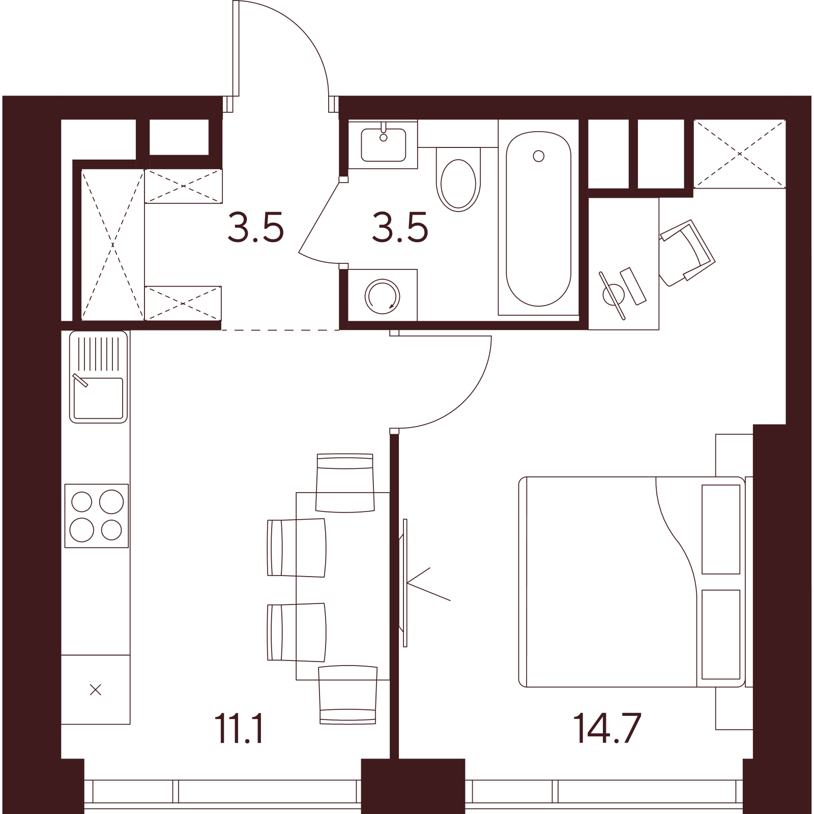 Планировка: 1-комнатная квартира, 32,8 м²
