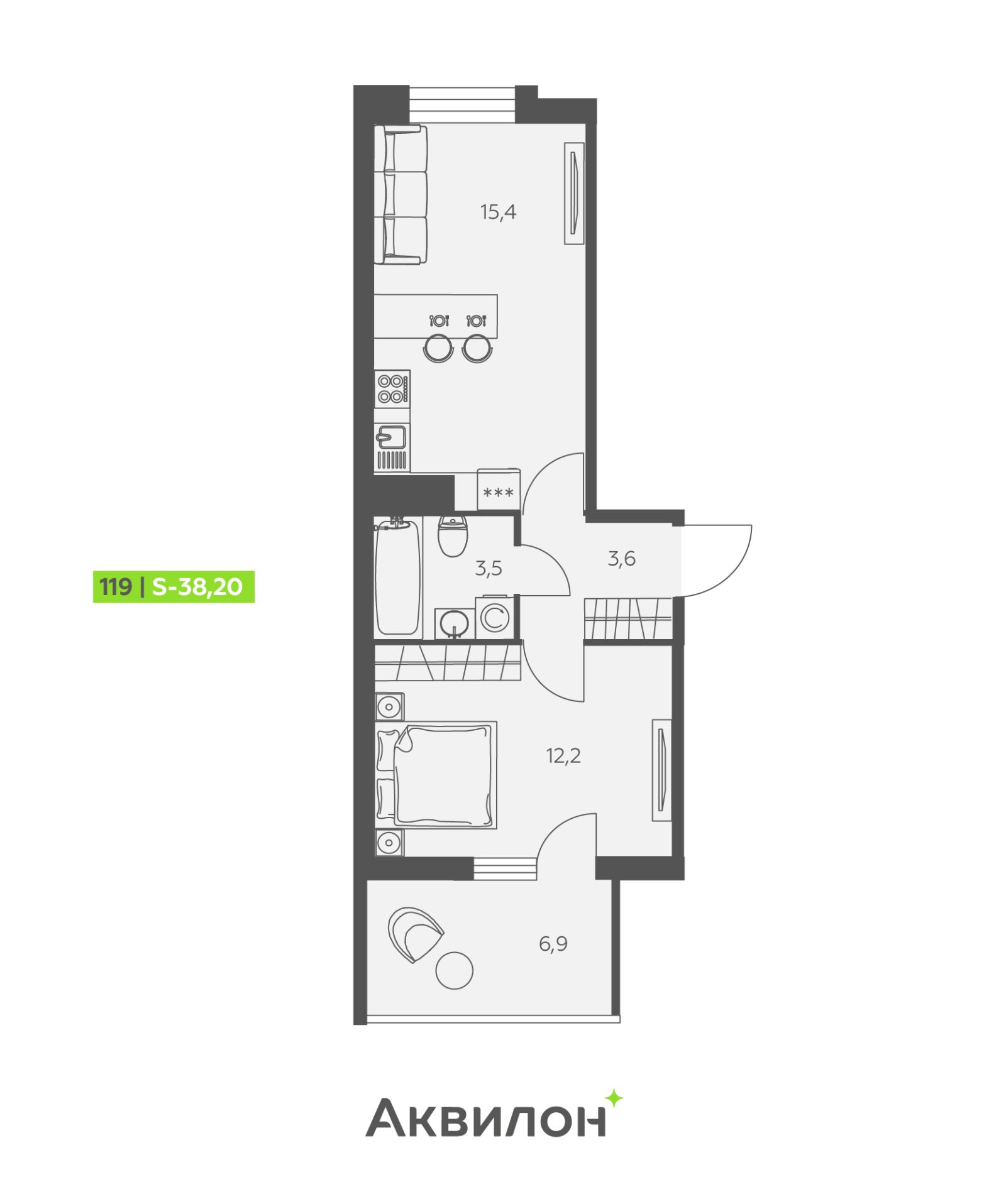 Планировка: 2-комнатная квартира, 38,2 м²