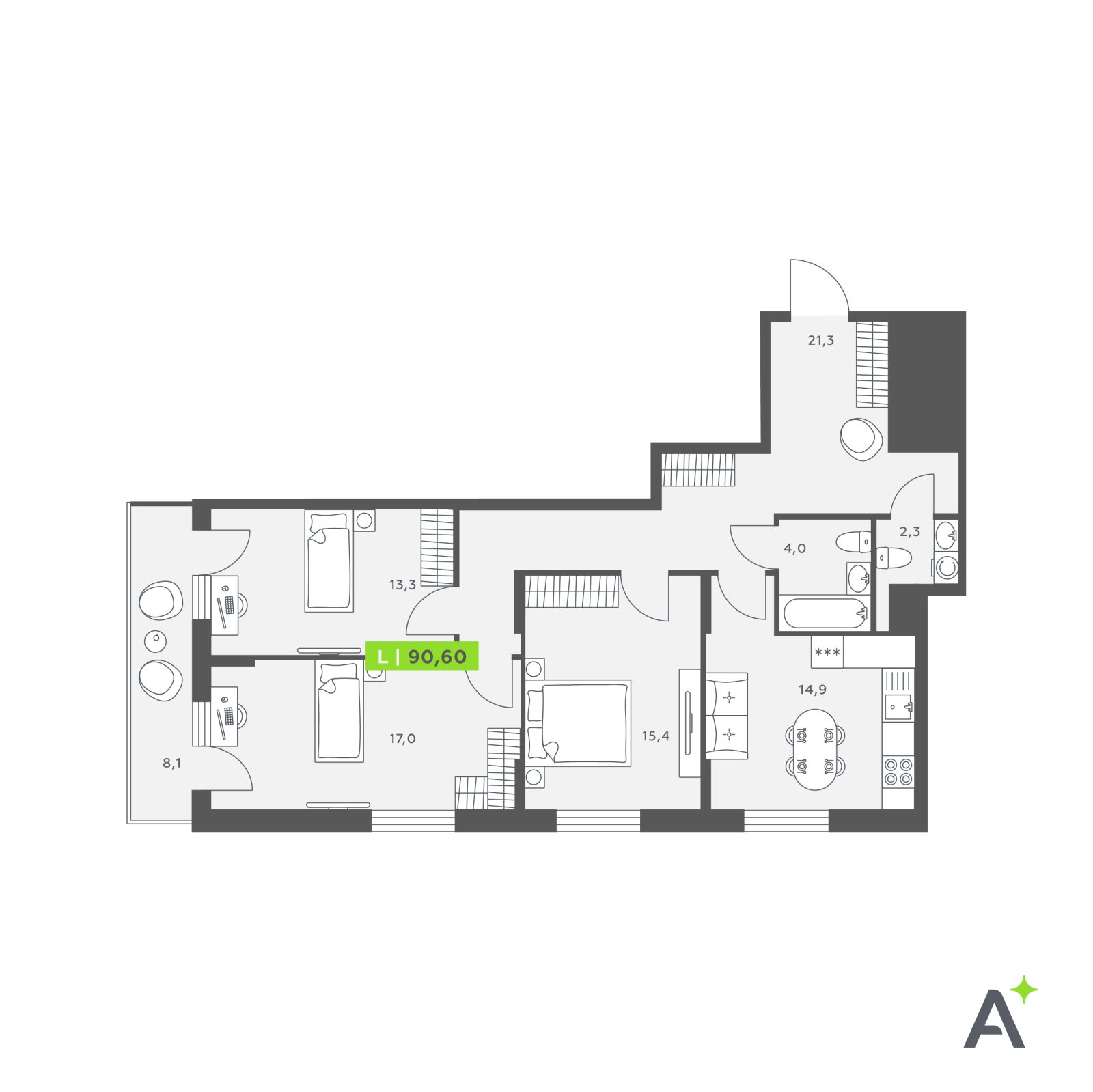 Планировка: 4-комнатная квартира, 90,6 м²