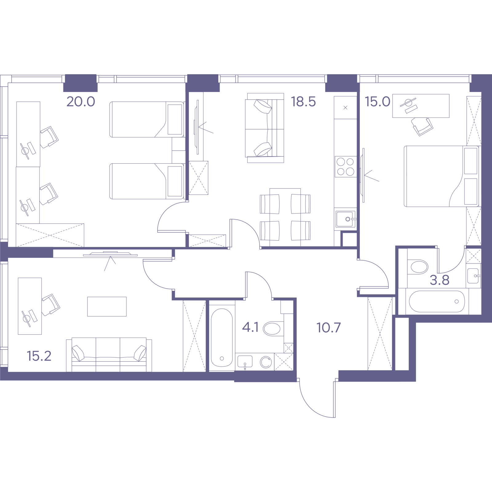 Планировка: 4-комнатная квартира, 87,3 м²