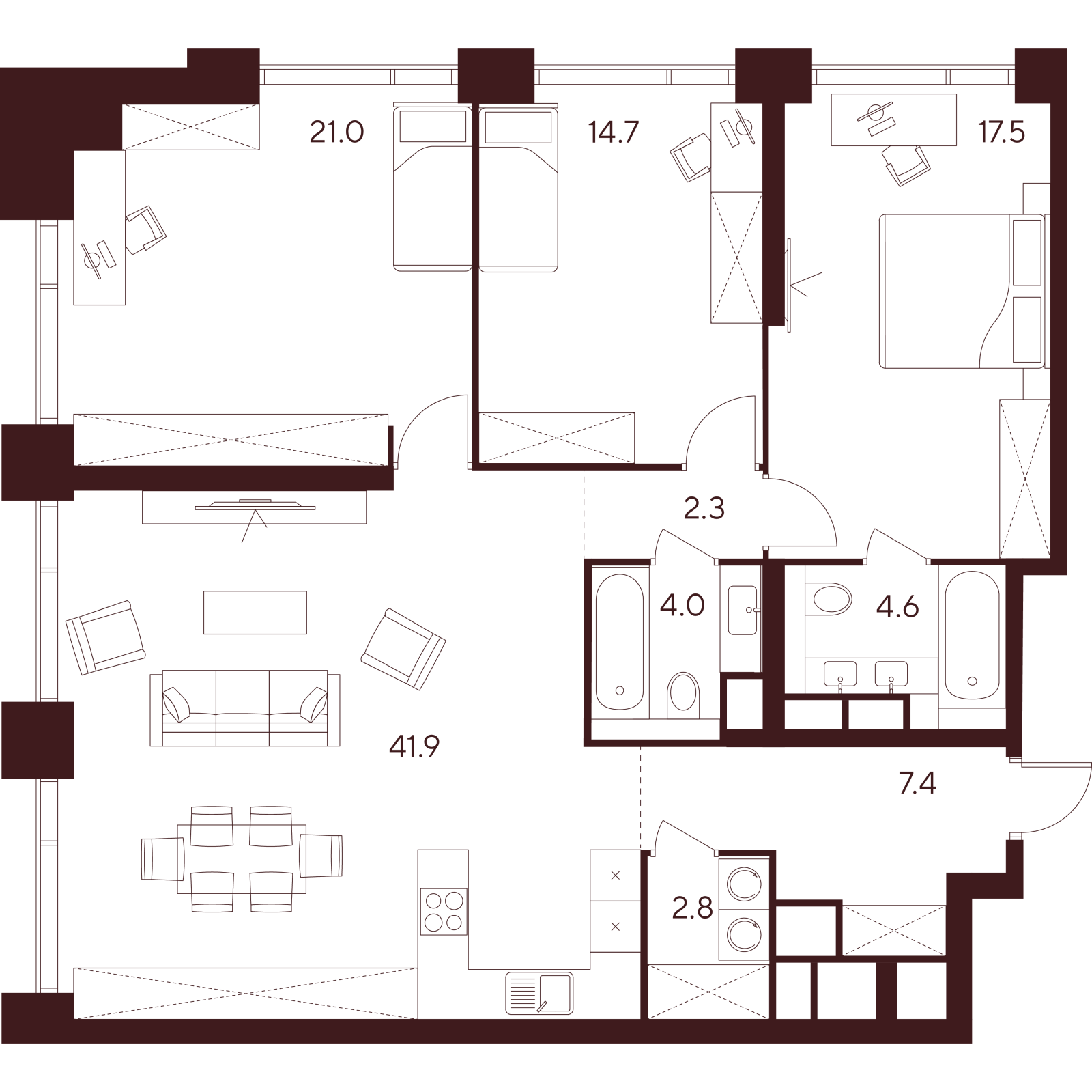 Планировка: 4-комнатная квартира, 116,2 м²