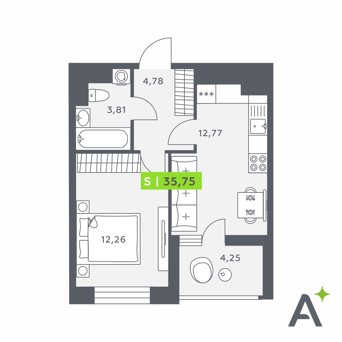 Планировка: 2-комнатная квартира, 35,8 м²