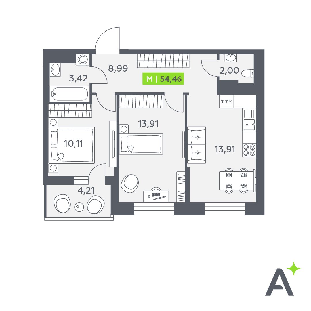 Планировка: 3-комнатная квартира, 54,5 м²