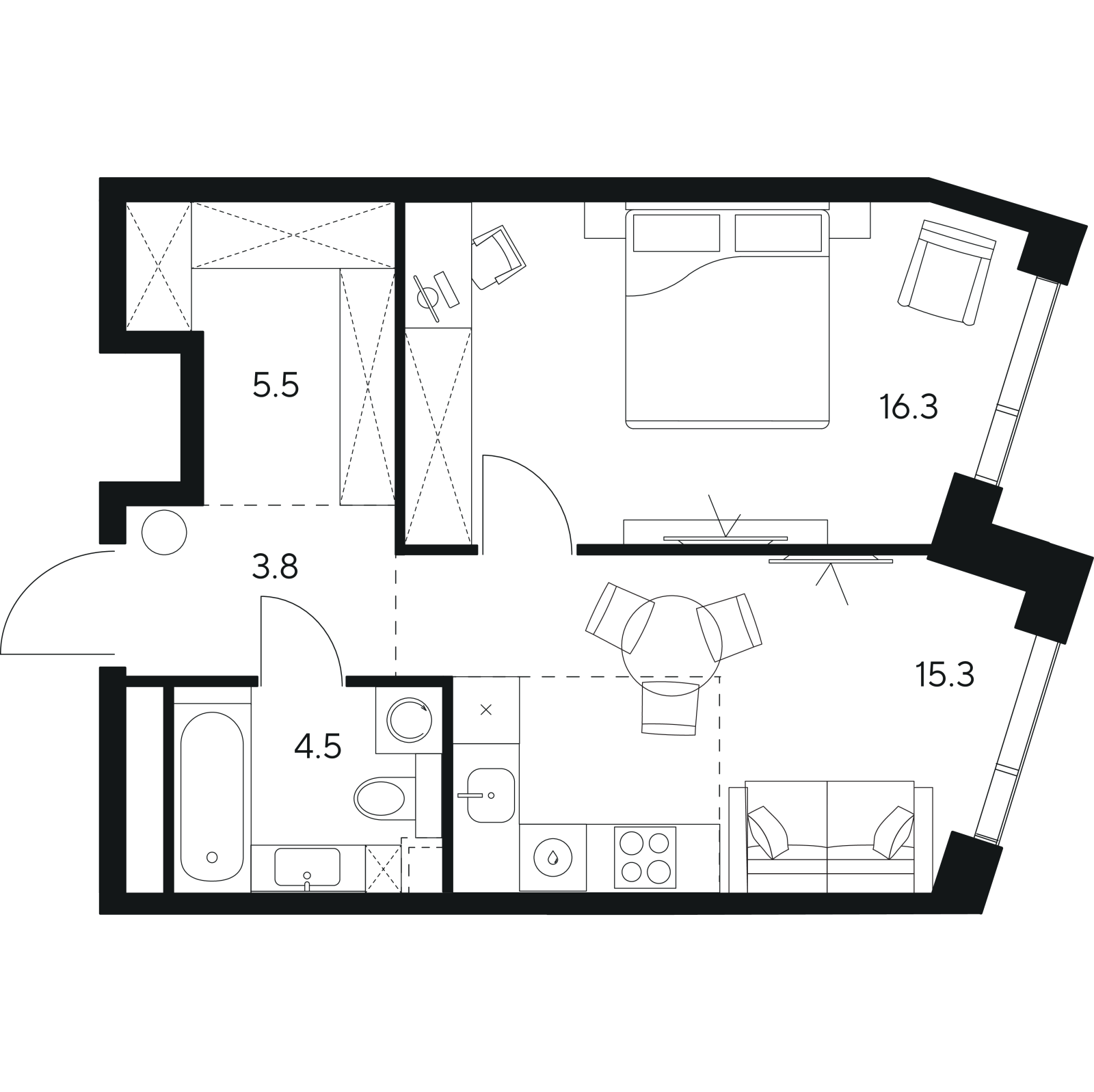Планировка: 1-комнатная квартира, 45,4 м²