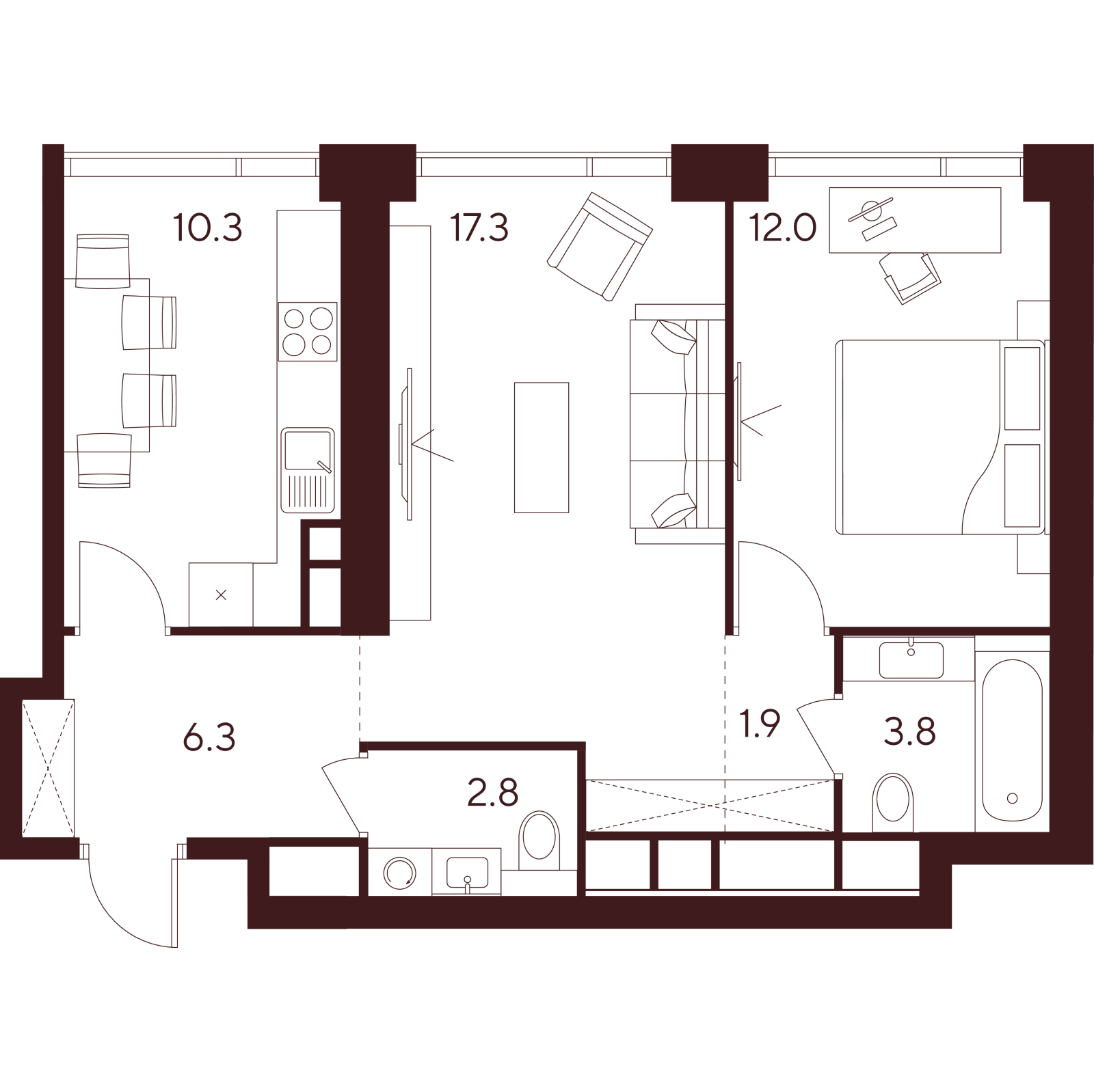 Планировка: 2-комнатная квартира, 54,4 м²