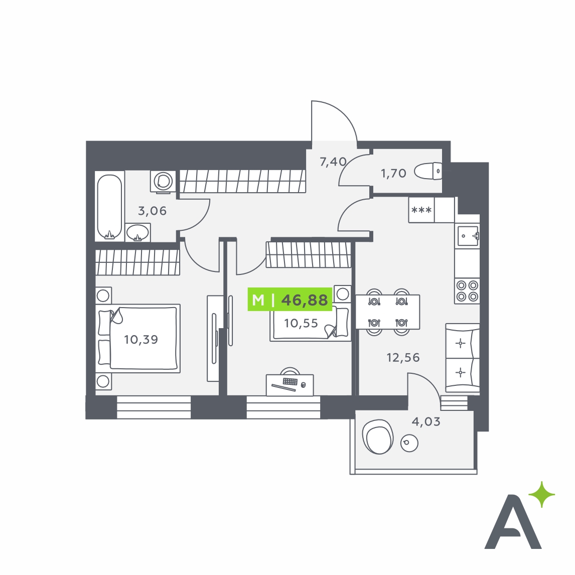 Планировка: 3-комнатная квартира, 46,9 м²