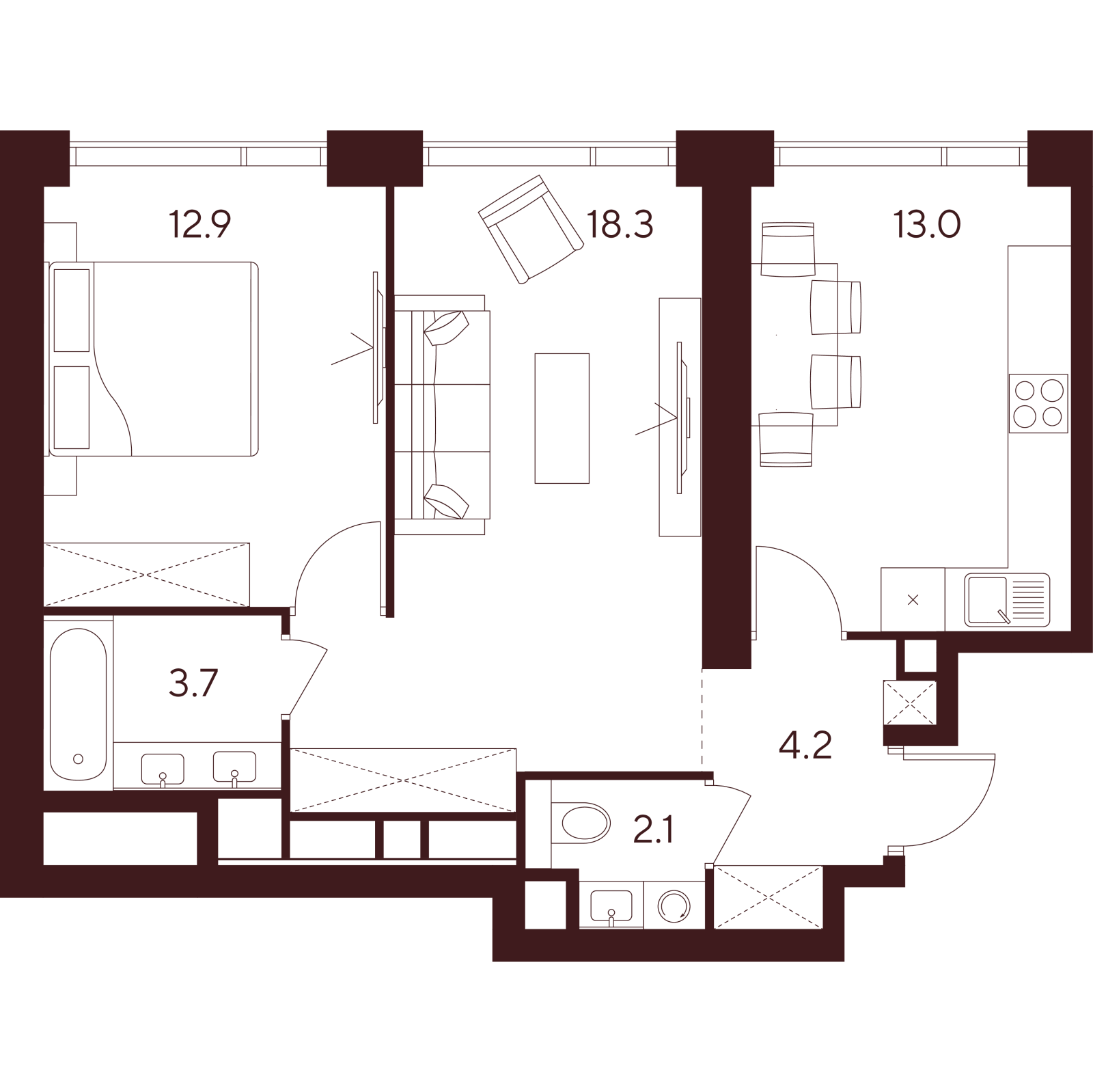 Планировка: 2-комнатная квартира, 54,2 м²