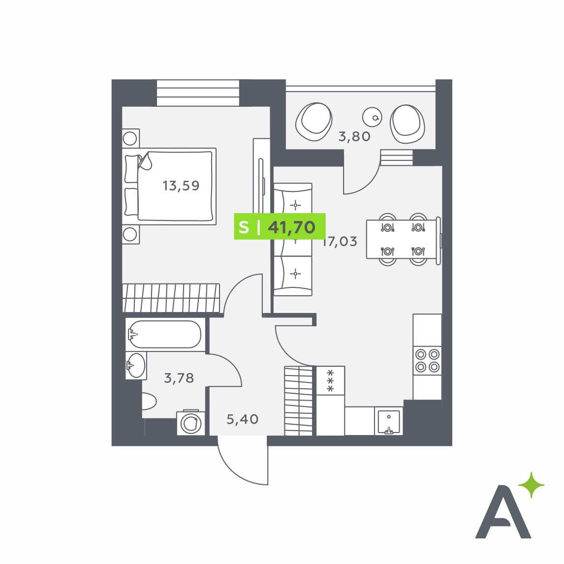 Планировка: 2-комнатная квартира, 41,7 м²