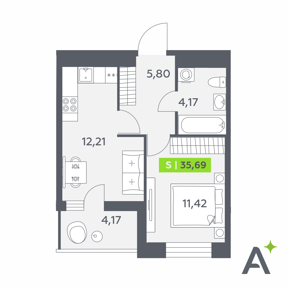 Планировка: 2-комнатная квартира, 35,7 м²