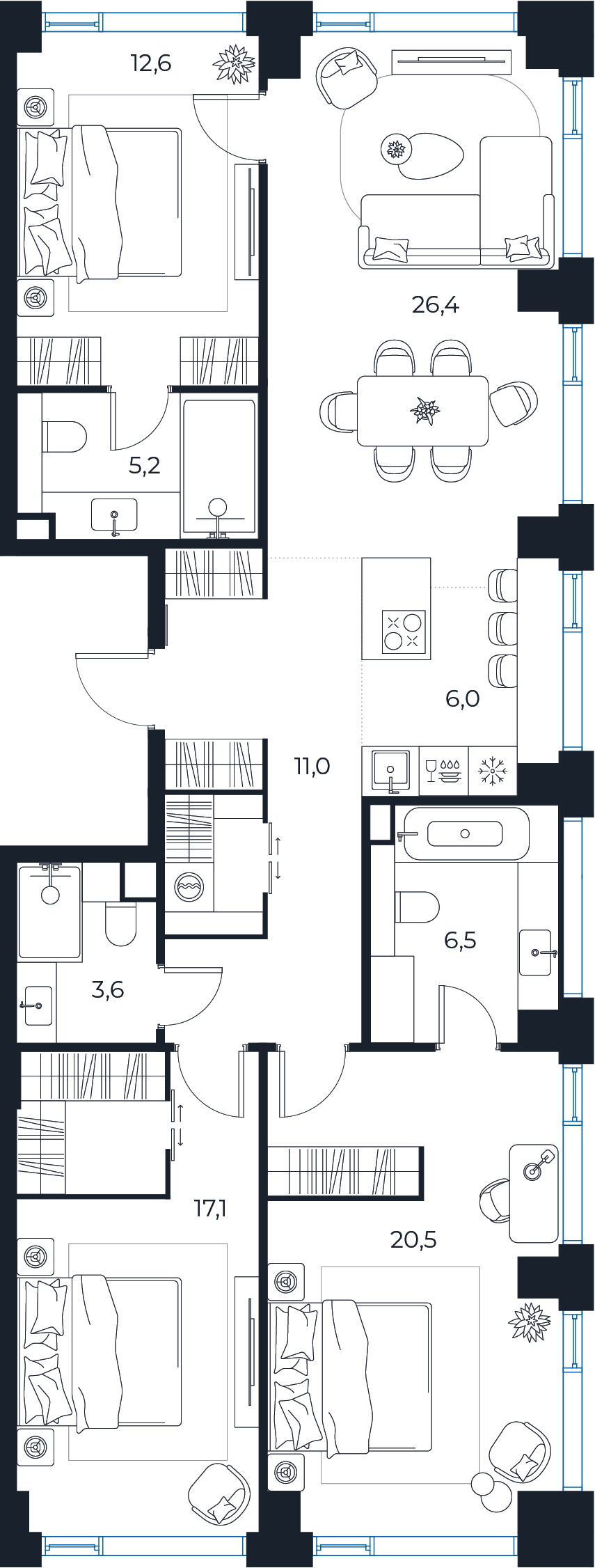 Планировка: 3-комнатная квартира, 108,9 м²