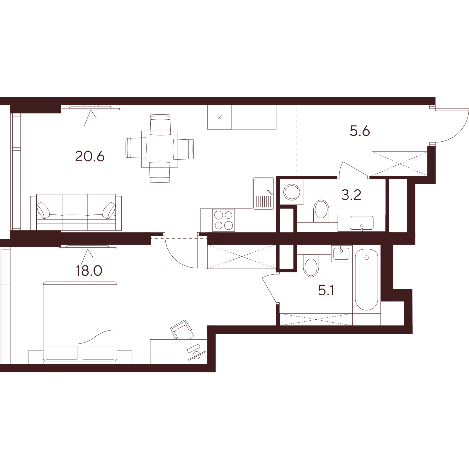 Планировка: 2-комнатная квартира, 52,5 м²