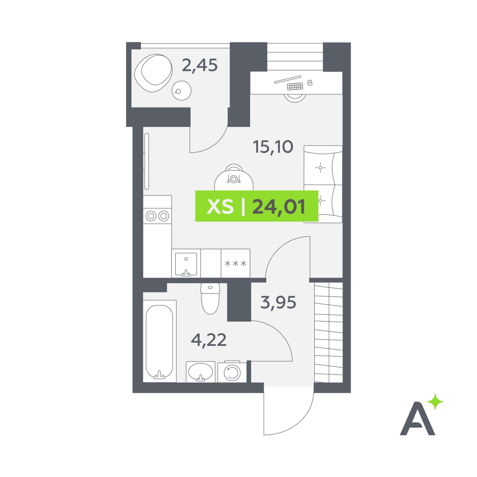 Планировка: студия, 24,0 м²