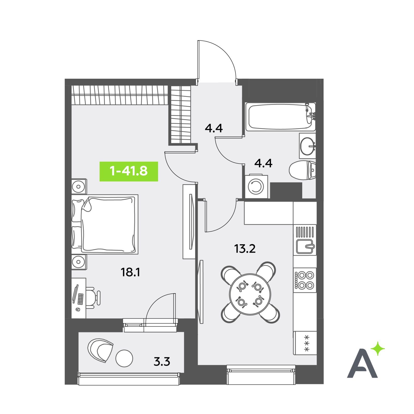 Планировка: 1-комнатная квартира, 41,8 м²