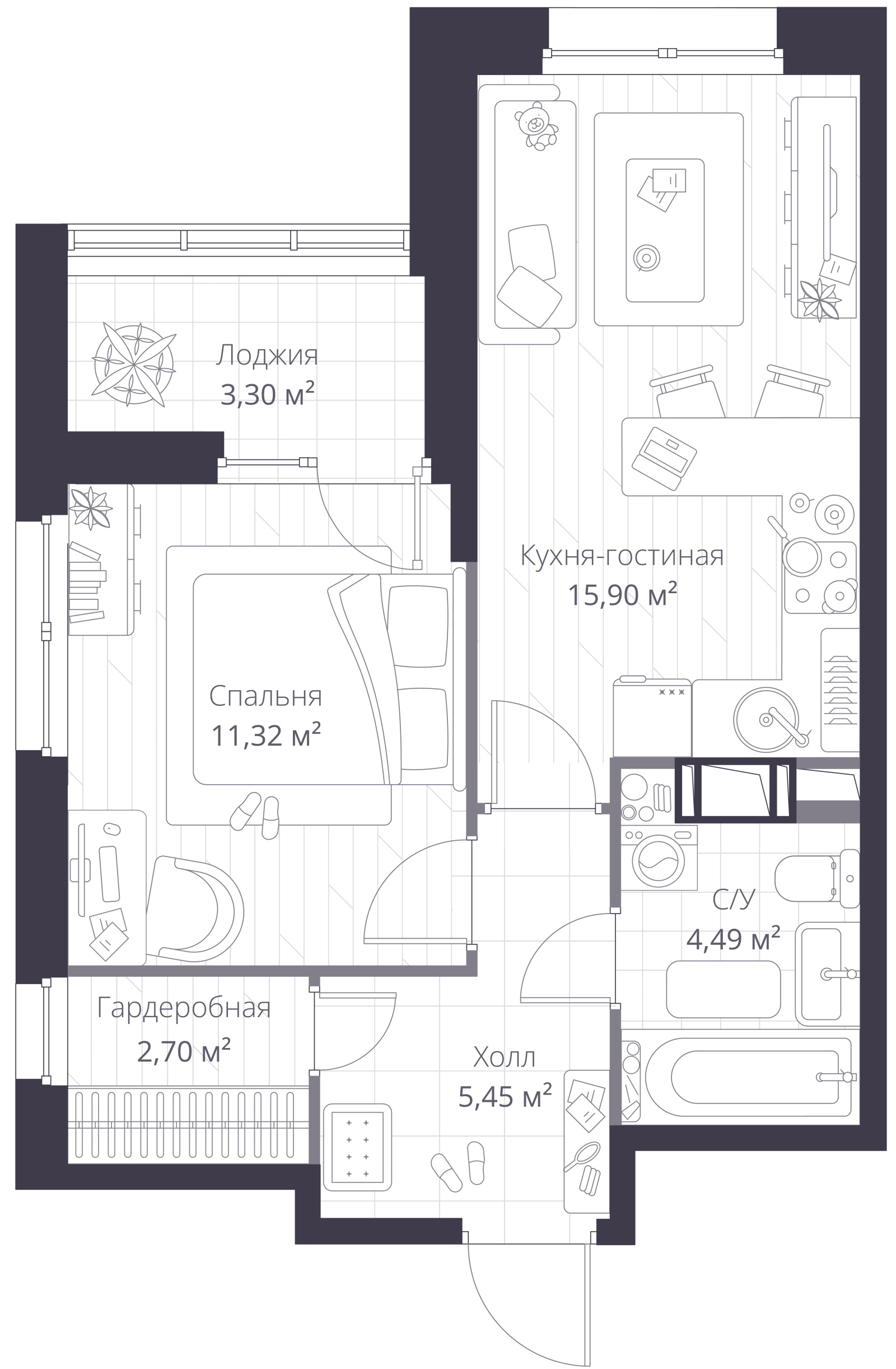 Планировка: 2-комнатная квартира, 41,7 м²