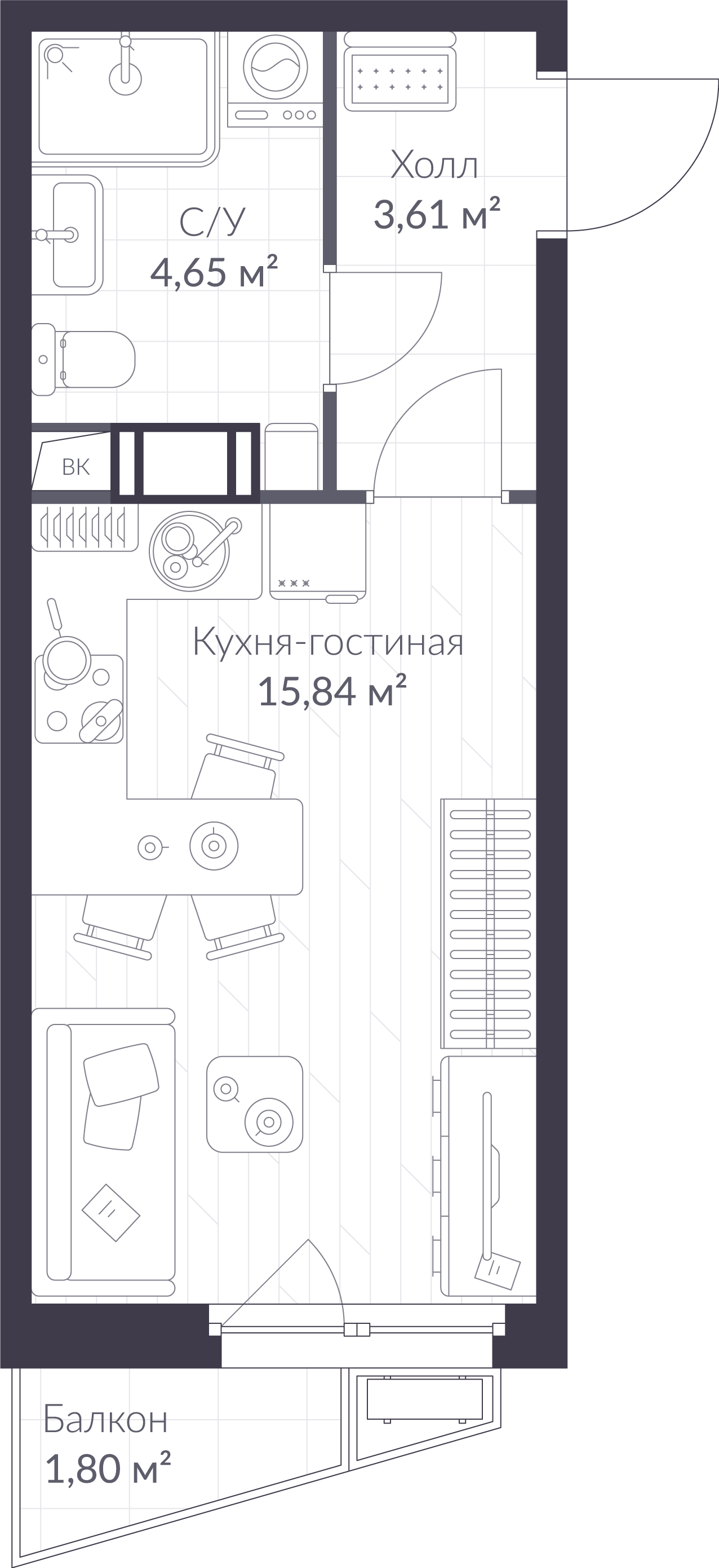 Планировка: студия, 24,6 м²