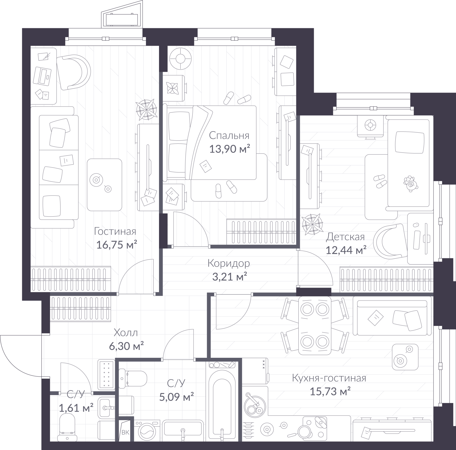 Планировка: 4-комнатная квартира, 75,0 м²