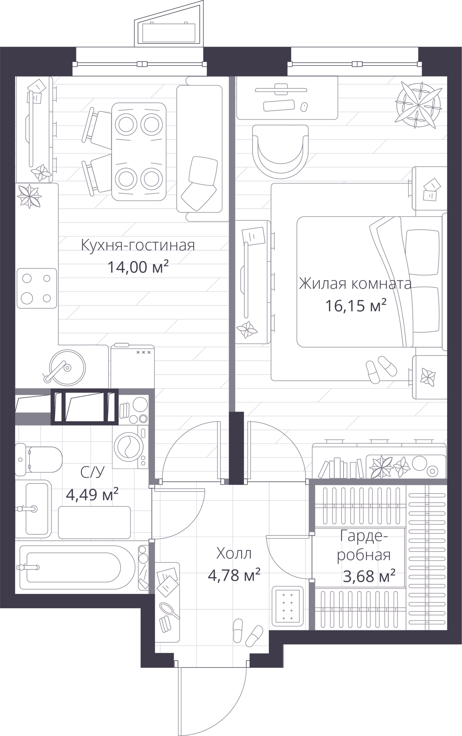 Планировка: 2-комнатная квартира, 43,2 м²