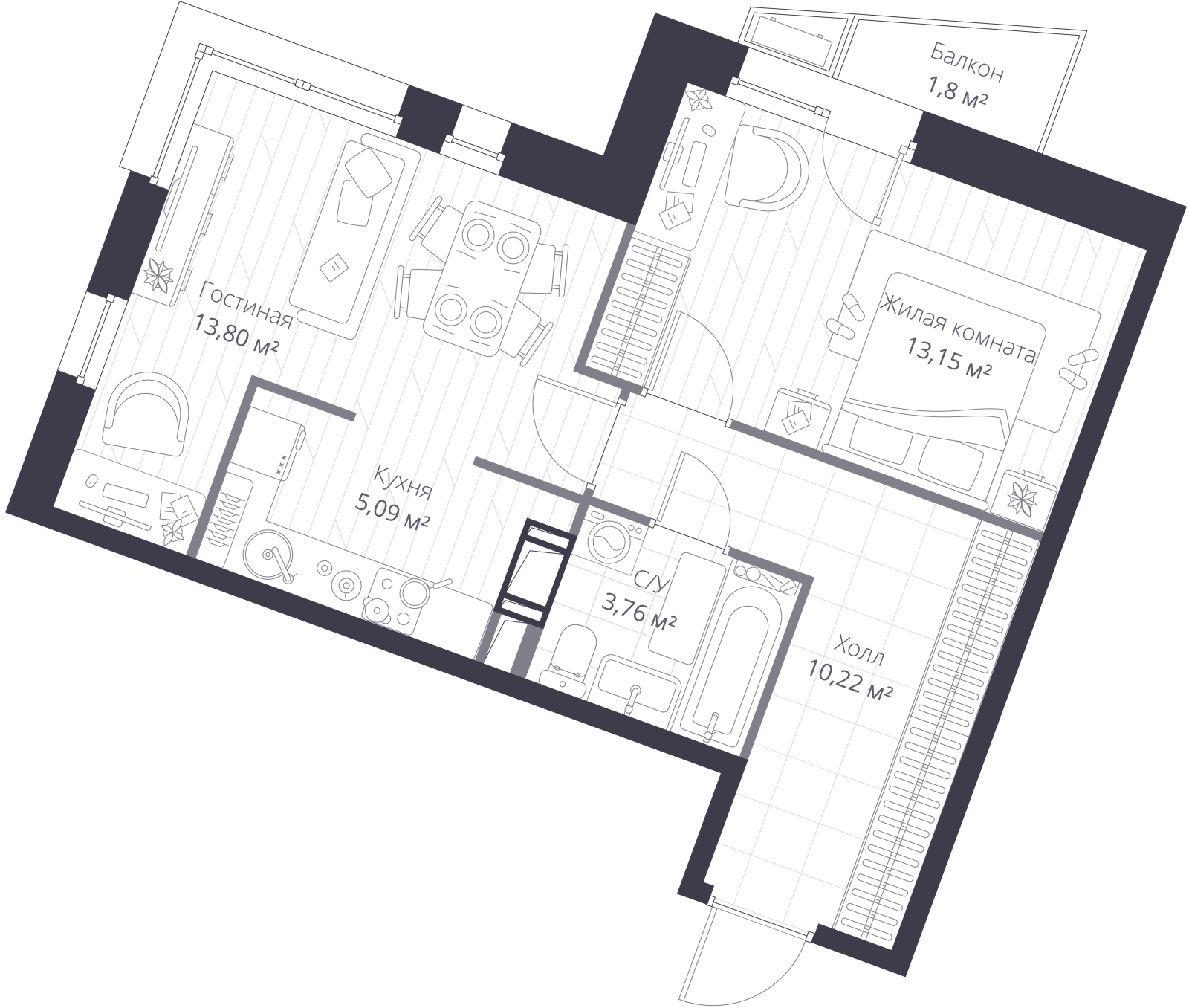 Планировка: 2-комнатная квартира, 46,7 м²