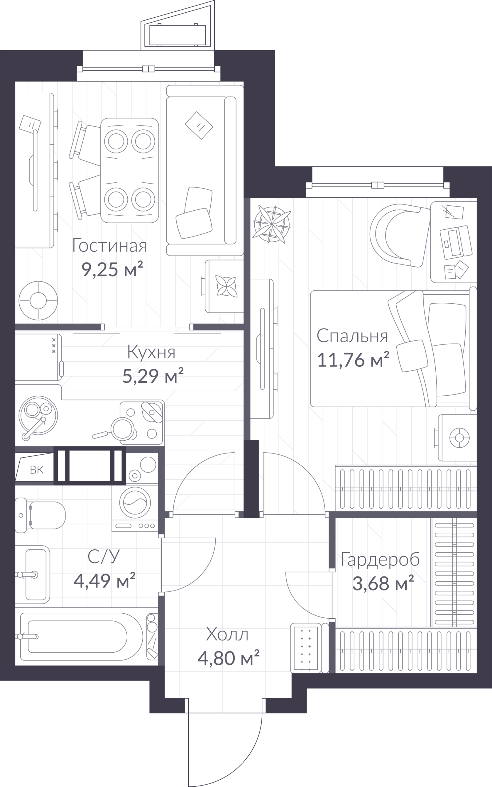 Планировка: 2-комнатная квартира, 39,3 м²