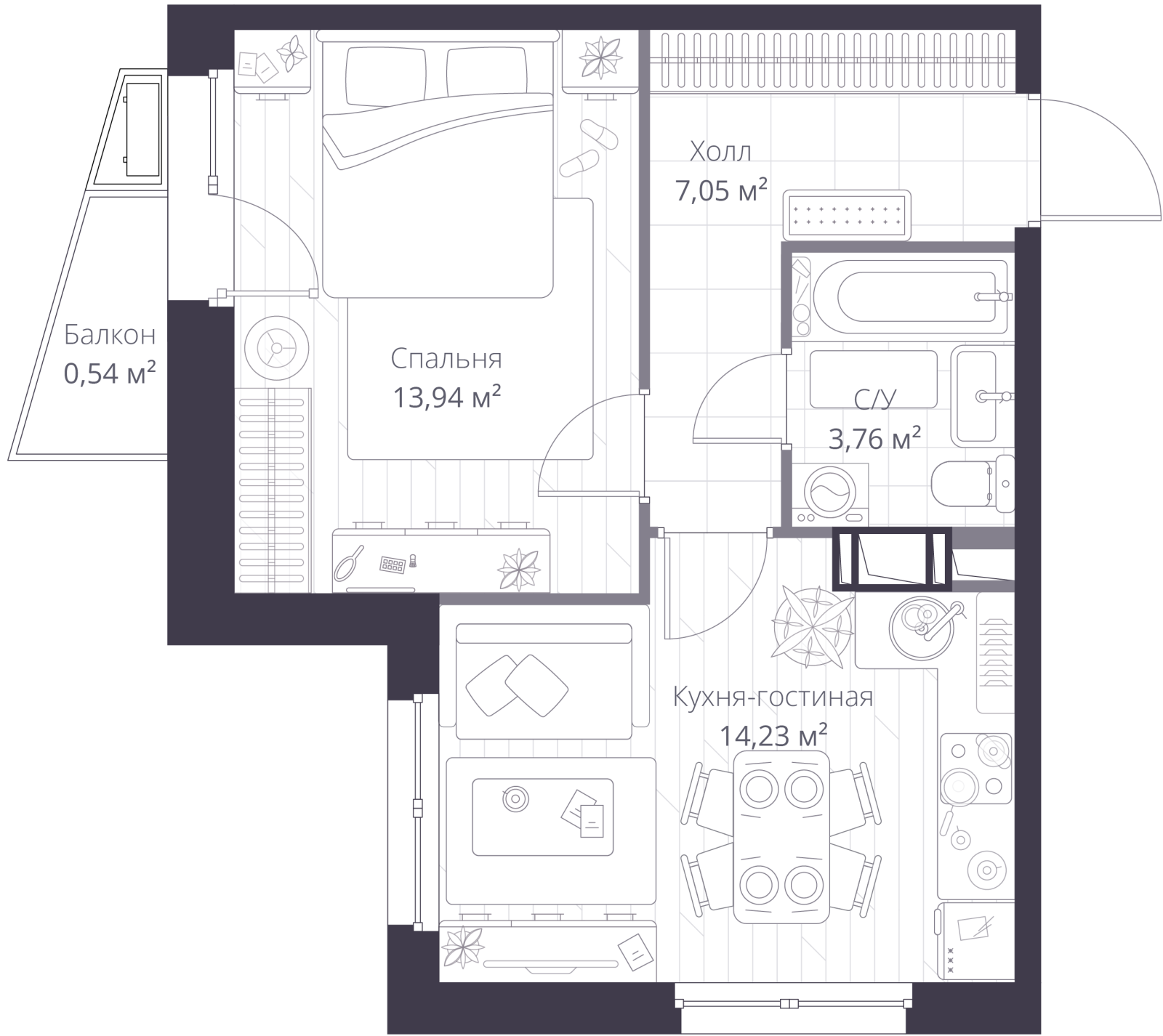 Планировка: 2-комнатная квартира, 40,0 м²