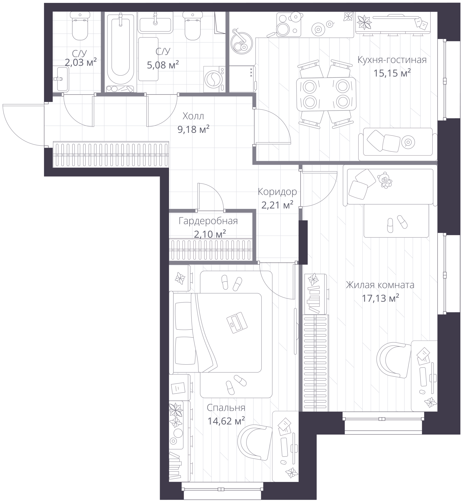 Планировка: 3-комнатная квартира, 67,5 м²