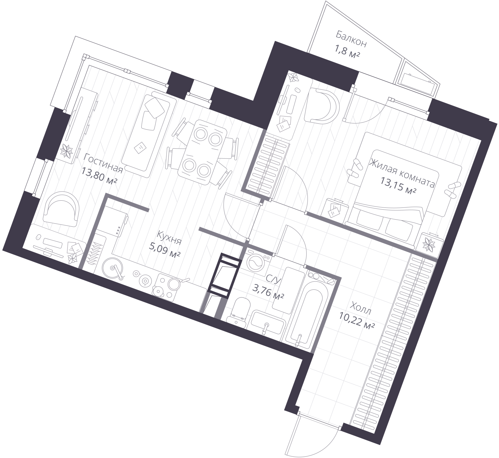 Планировка: 2-комнатная квартира, 46,8 м²