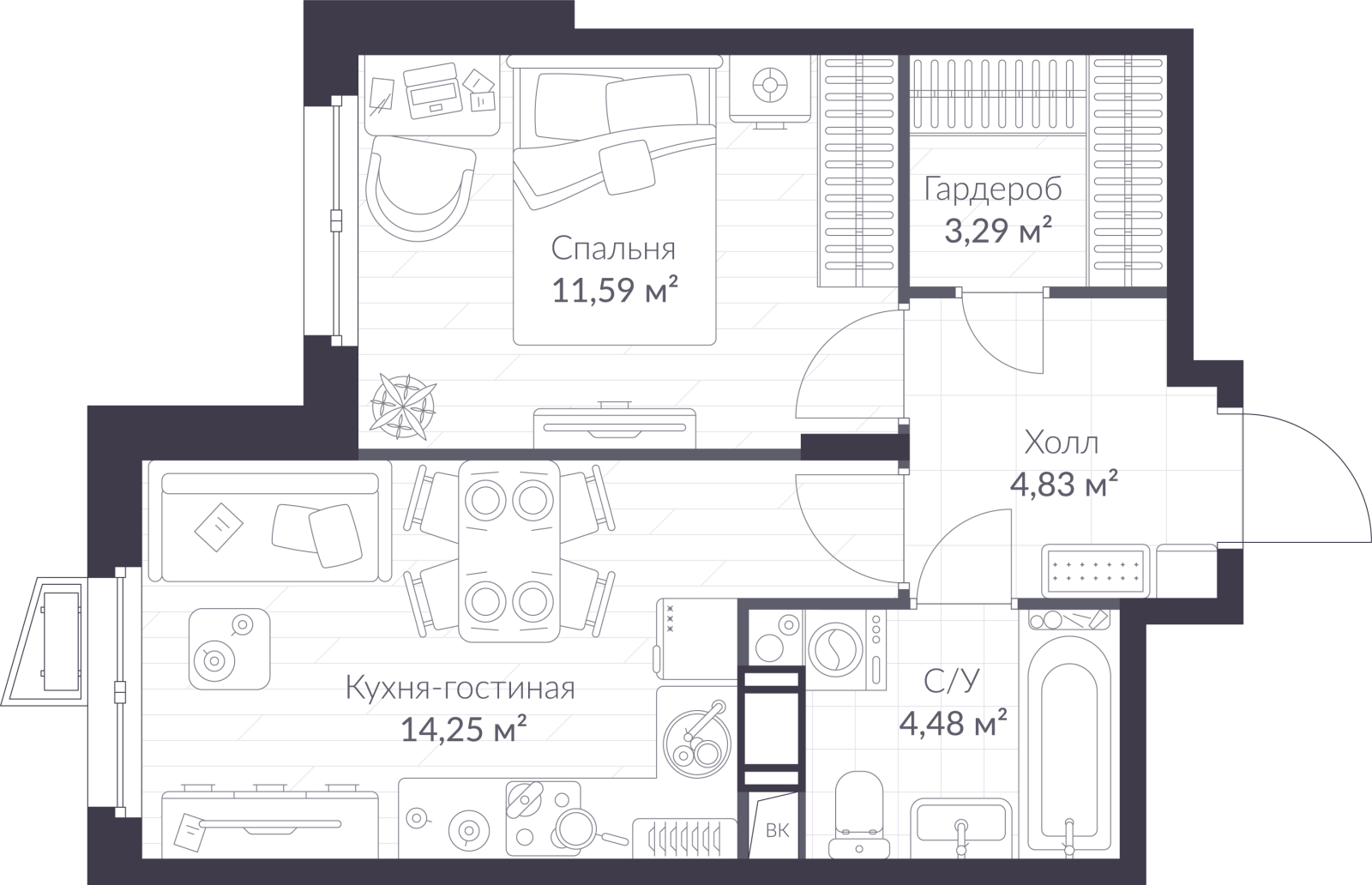 Планировка: 2-комнатная квартира, 38,4 м²