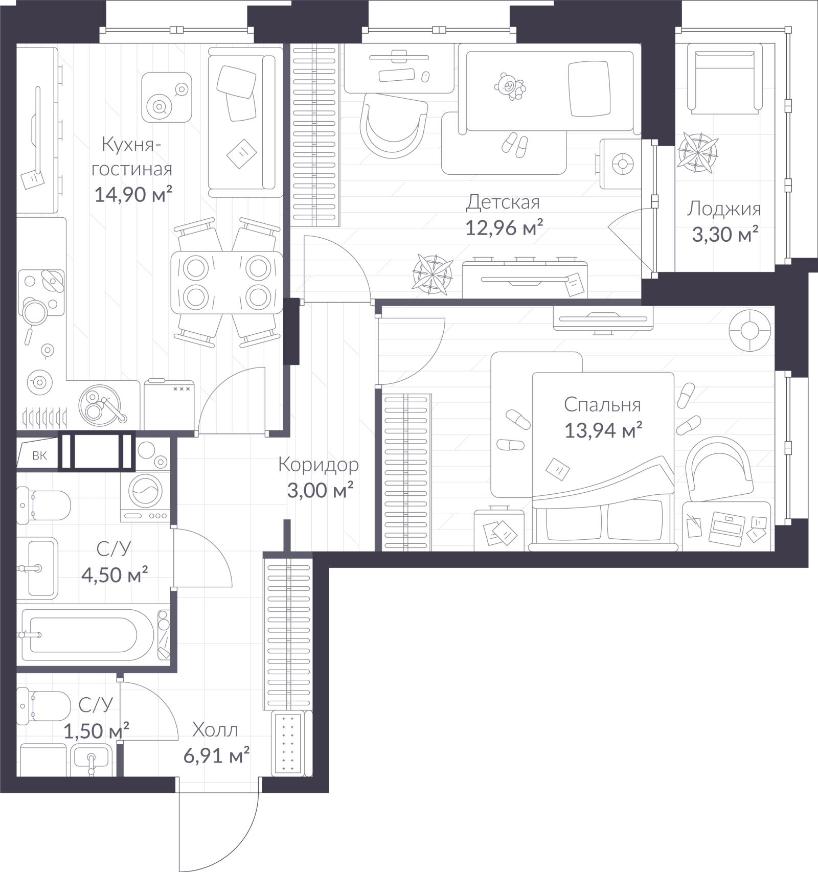 Планировка: 3-комнатная квартира, 59,4 м²