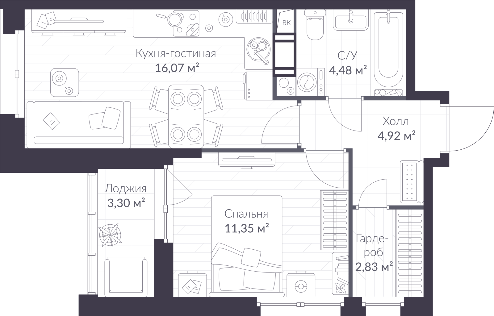 Планировка: 2-комнатная квартира, 41,3 м²