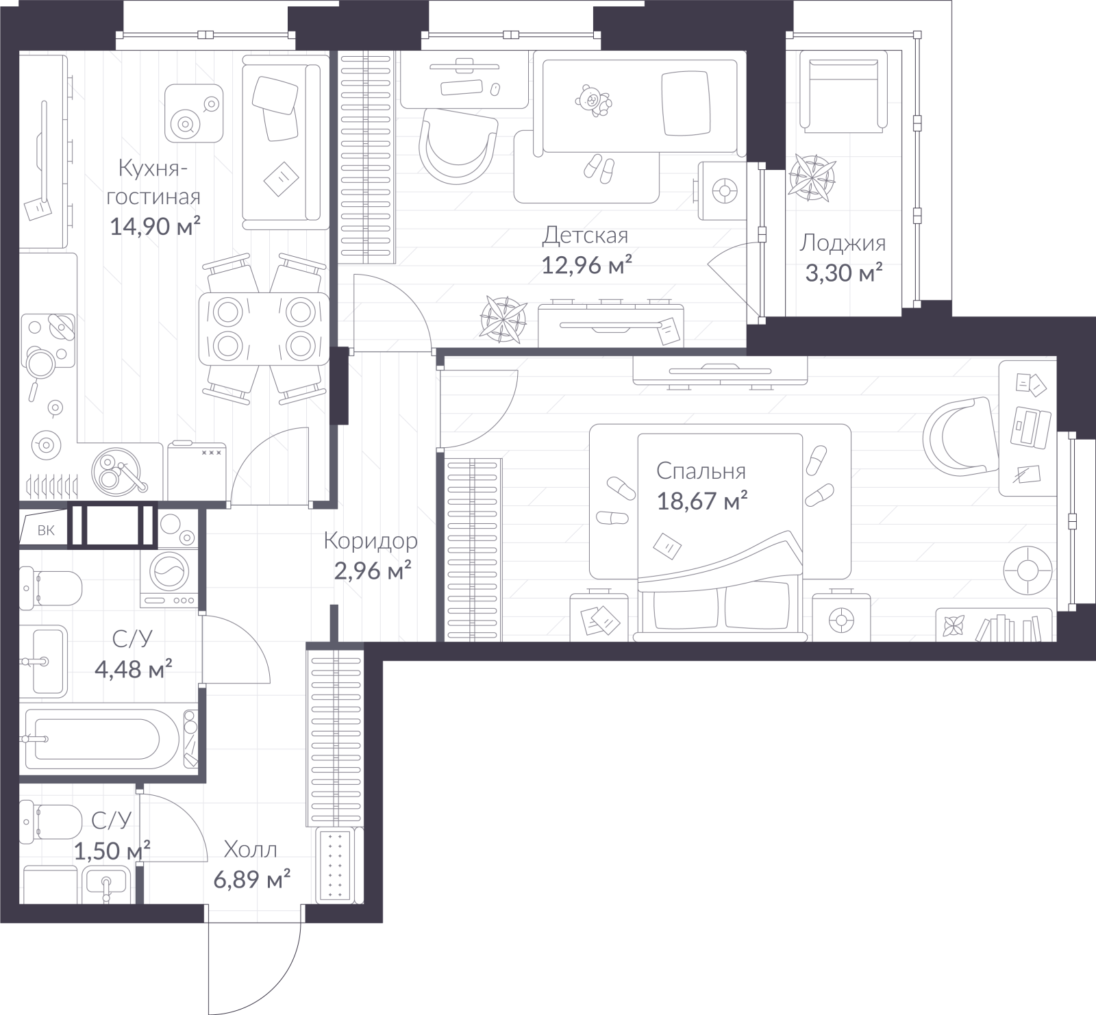 Планировка: 3-комнатная квартира, 64,0 м²