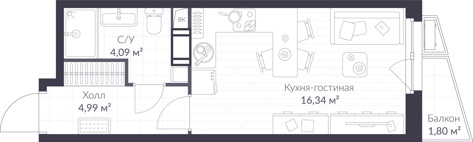 Планировка: студия, 26,0 м²